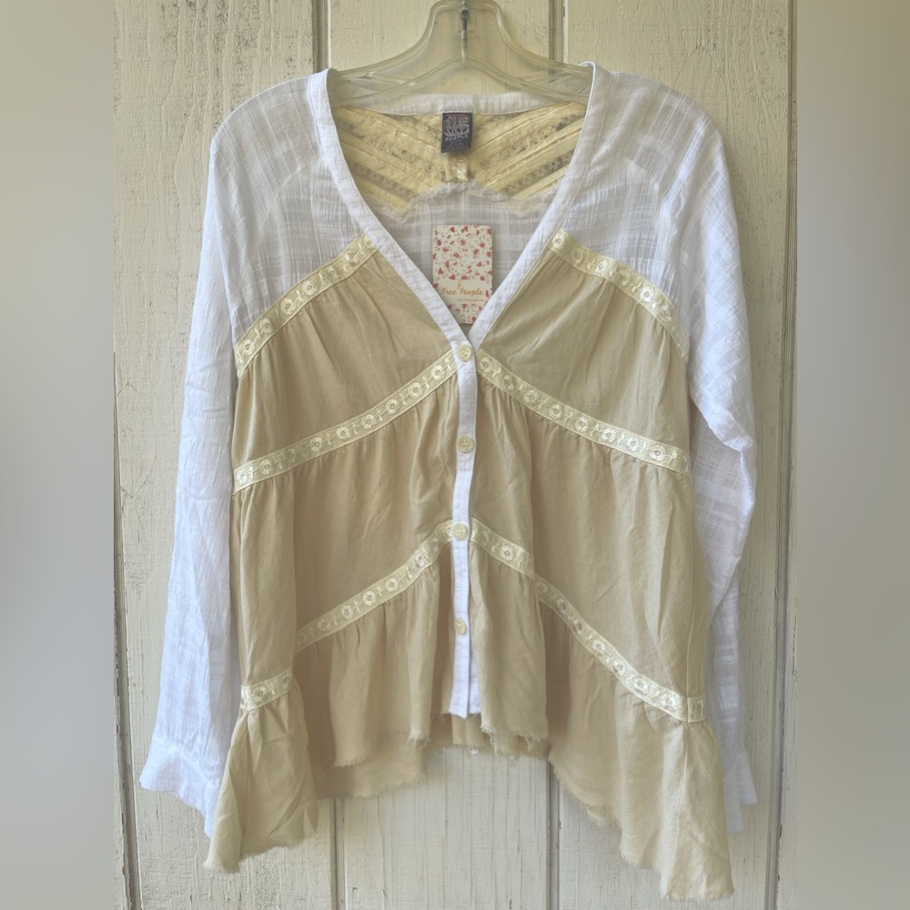 Free People Cream and White Mixed-Media Button Front Top